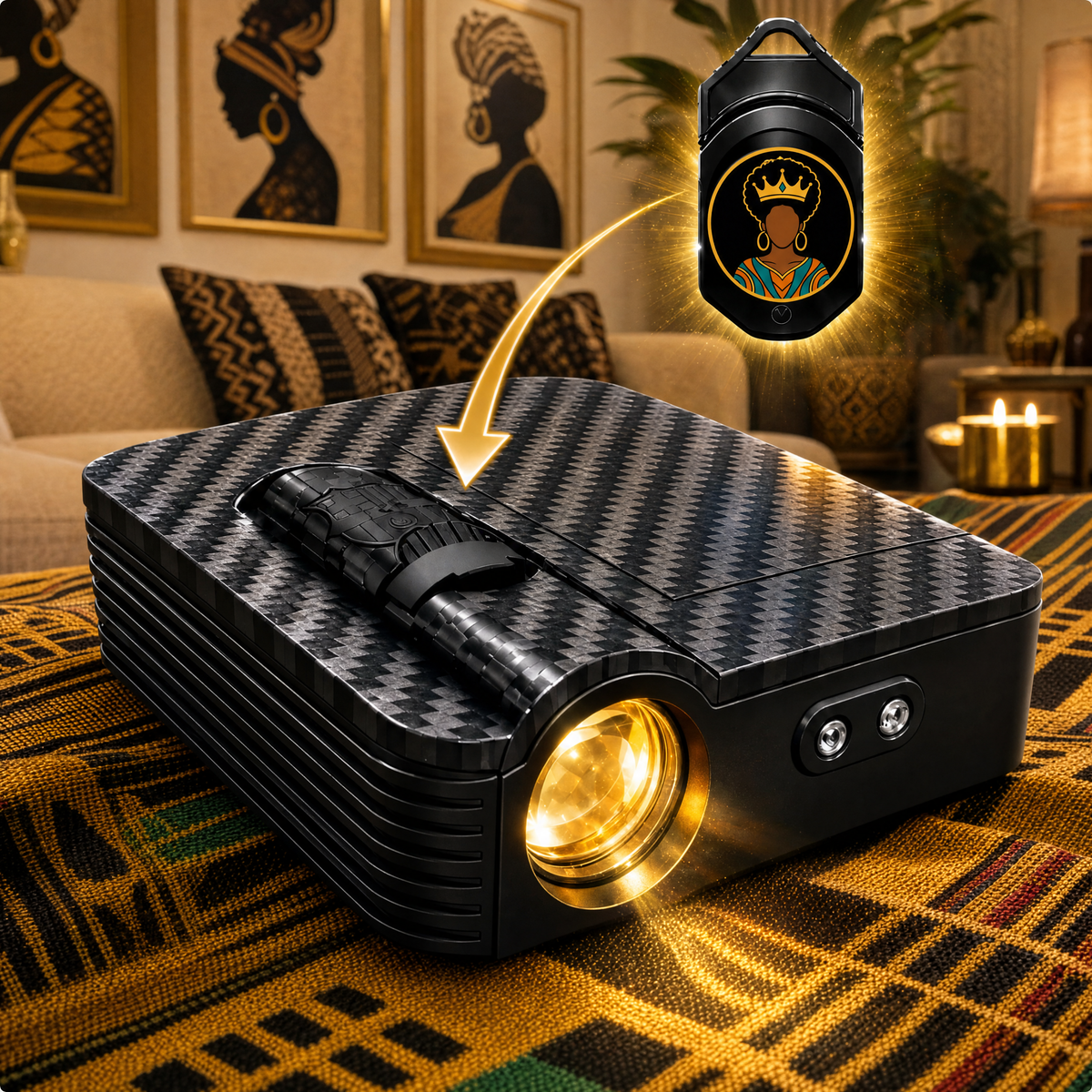 Melanin Lights car door projector with the Afro Crown Queen design slide