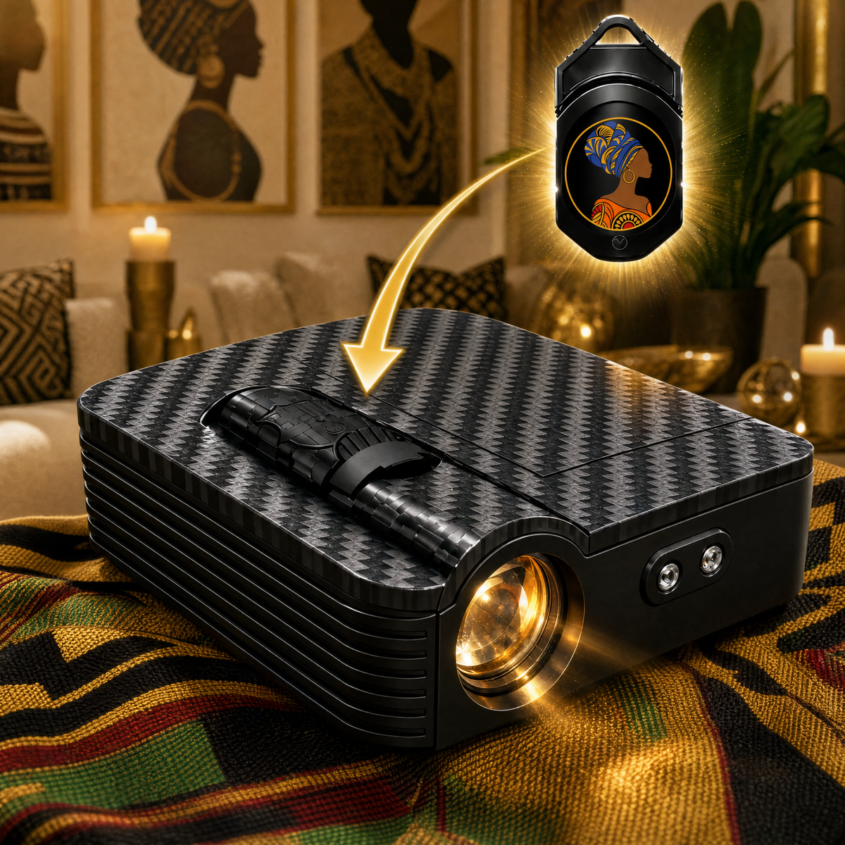 Melanin Lights car door projector with the Gele Profile design slide