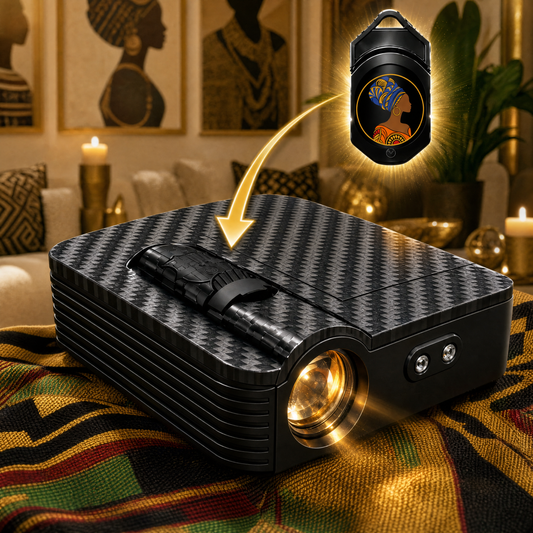 Melanin Lights car door projector with the Gele Profile design slide