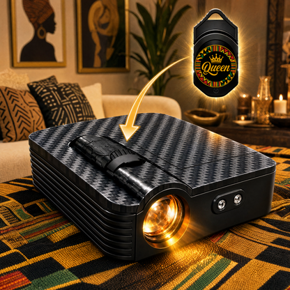 Melanin Lights car door projector with the Kente Queen Ring design slide