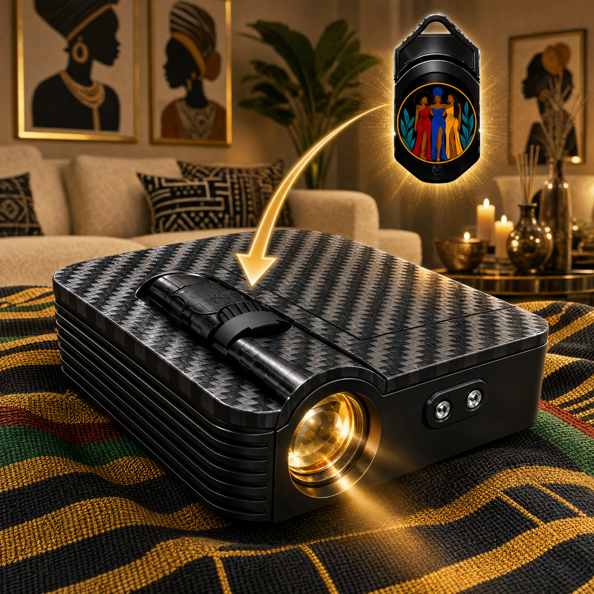 Melanin Lights car door projector with the Three Sisters design slide
